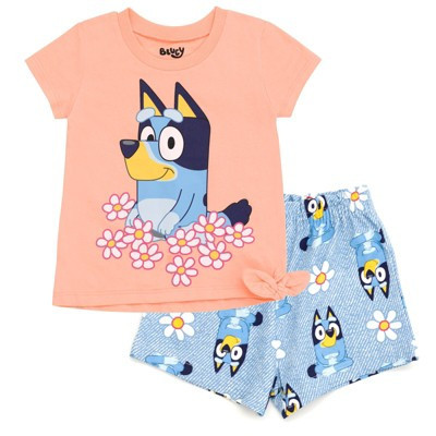 Bluey Little Girls T-Shirt and French Terry Shorts Outfit Set Pink / Blue 7-8 | Target