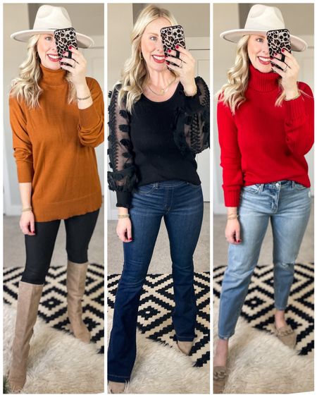 Daily try on, Walmart fashion, Walmart outfit, tunic sweater, faux leather leggings, flare jeans, tall boots, red sweater, turtleneck sweater

#LTKSeasonal #LTKstyletip #LTKunder50