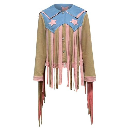 irLocy Cutecore Y2k Fringe Jacket Women Y2k Cowgirl Outfits Fringe Denim Jacket Country Concert Vintage Cottagecore Clothes (yellowpink,Small) | Amazon (US)