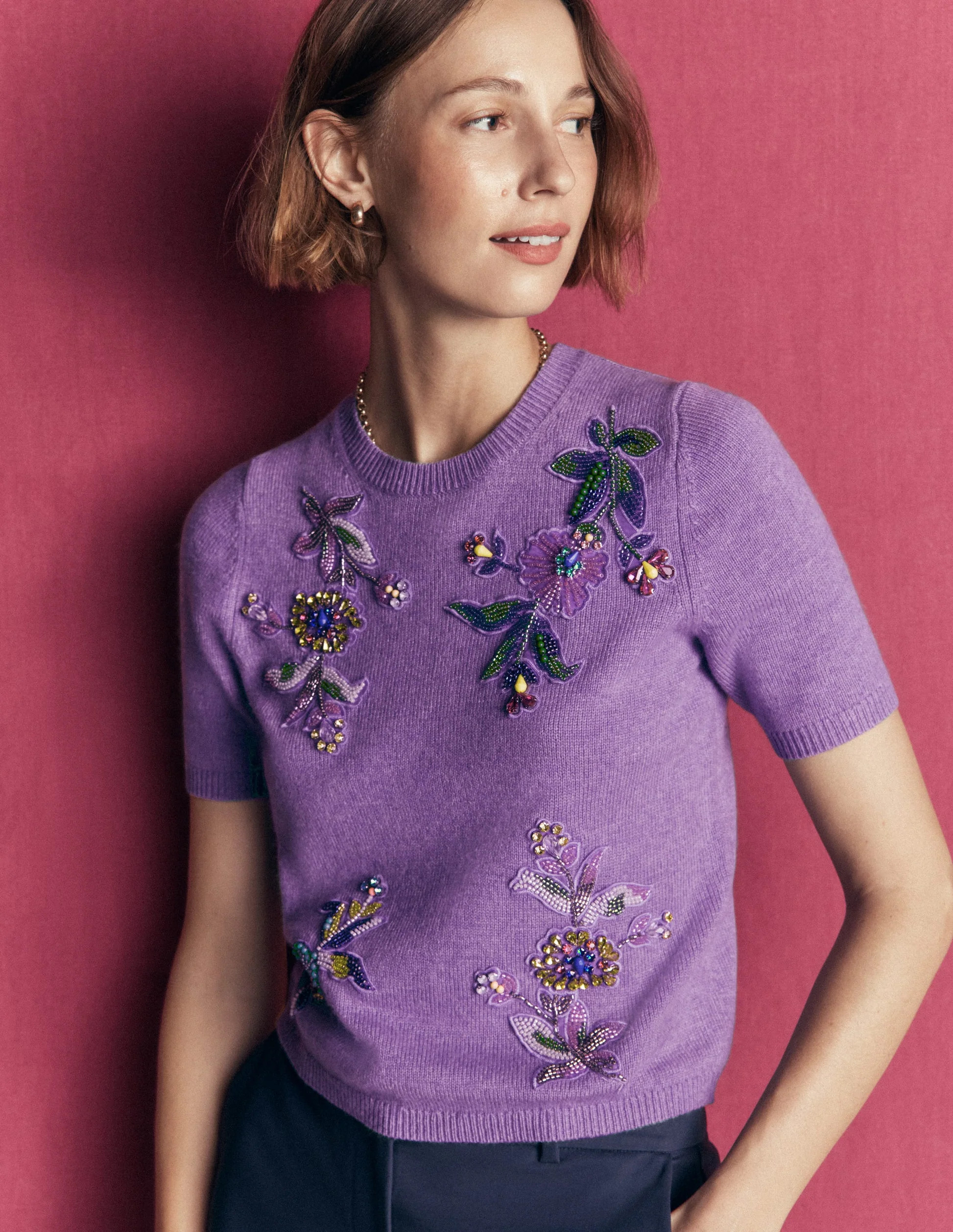 Ria Embellished Knit T-Shirt-Amethyst Purple | Boden (US)