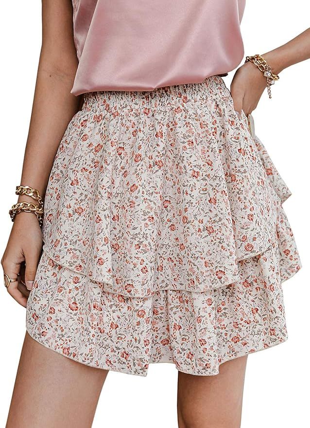 Miessial Women's Boho Floral Print Ruffle Mini Skirts Cute High Waist A-Line Short Skirts | Amazon (US)