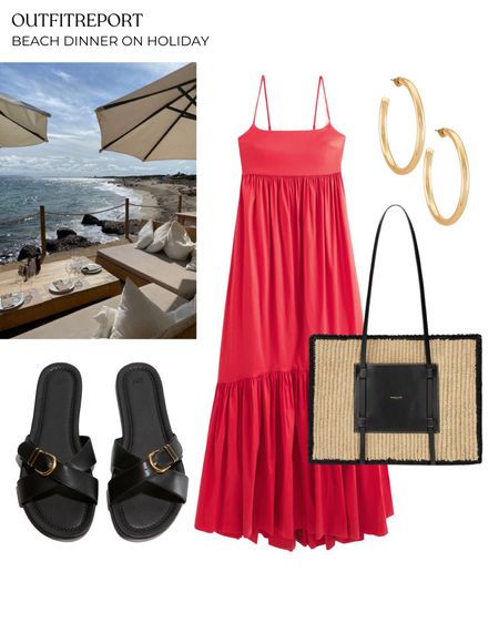 Vacation holiday maxi dress sandals straw handbag beach bag and gold hoop earrings 

#LTKshoes #LTKstyletip #LTKbag