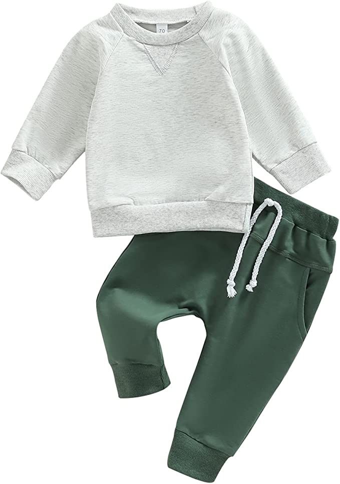 Amazon.com: Toddler Baby Boy Clothes Solid Color Long Sleeve Crewneck Sweatshirt Top Casual Pants... | Amazon (US)