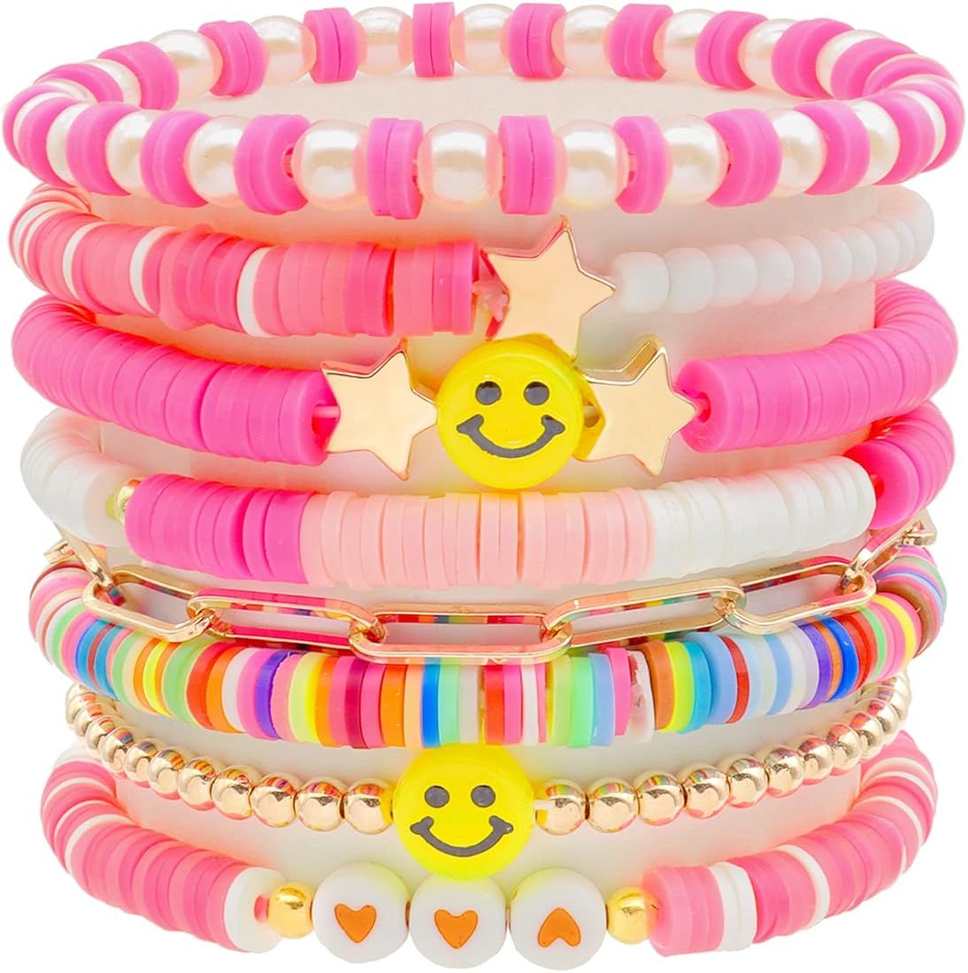 Heishi Surfer Bracelets Set,Colorful Preppy Bracelet Heart Star Stretch Beaded Bracelets Evil Eye... | Amazon (US)
