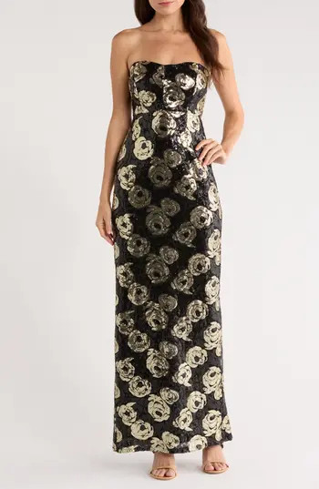 CeCe Floral Sequin Strapless Gown in Rich Black at Nordstrom Rack, Size 8 | Nordstrom Rack