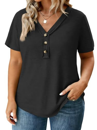 Plus Size Tops for Women Trendy Henley V Neck T Shirts Buttons Decor Tunics | Amazon (US)