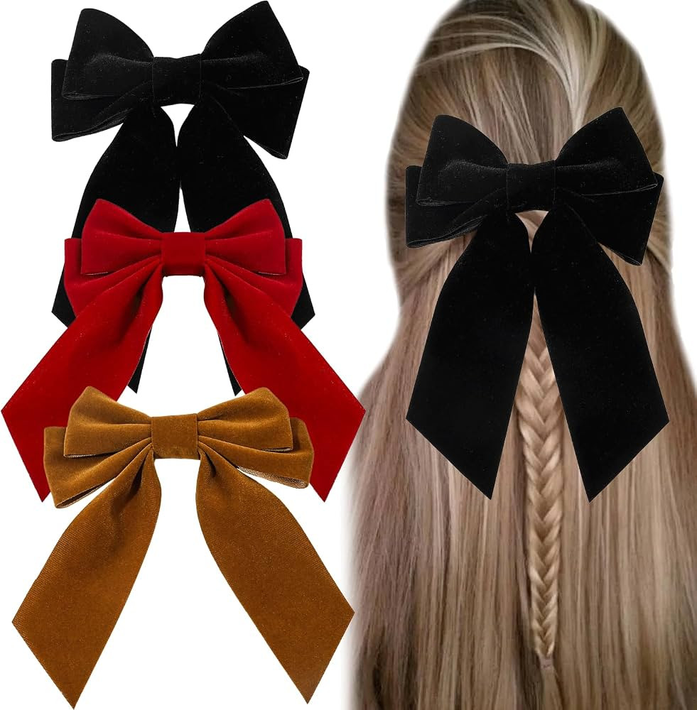 AYNKH 3 Pcs Solid Colour Double Velvet Bow Hair Clips with Long Floating Ribbon, French Long Ribb... | Amazon (UK)