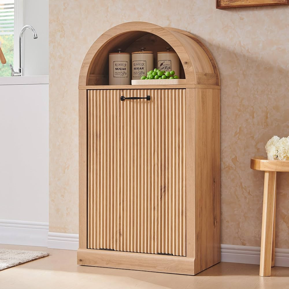 IFGET Arched Tilt-Out Trash Can Cabinet, Fluted 10 Gallon Trash Can with Open Shelf, Modern Laund... | Amazon (US)