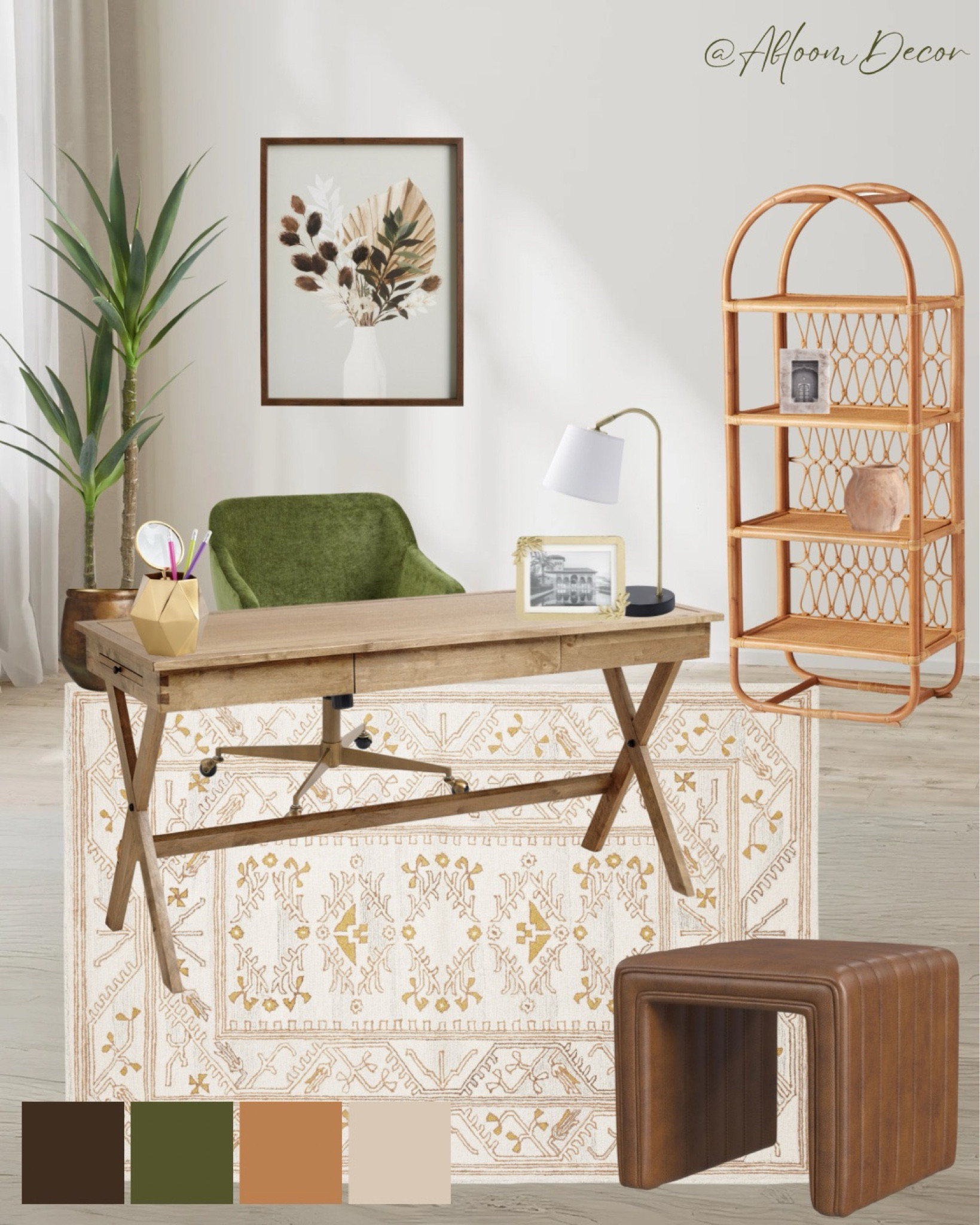 This office setup brings in natural, earthy tones for a cozy and productive space. The wood desk and woven shelving create a warm, organic feel, while the green chair adds a pop of color and the minimalist decor keeps things light and uncluttered. 

#LTKHome