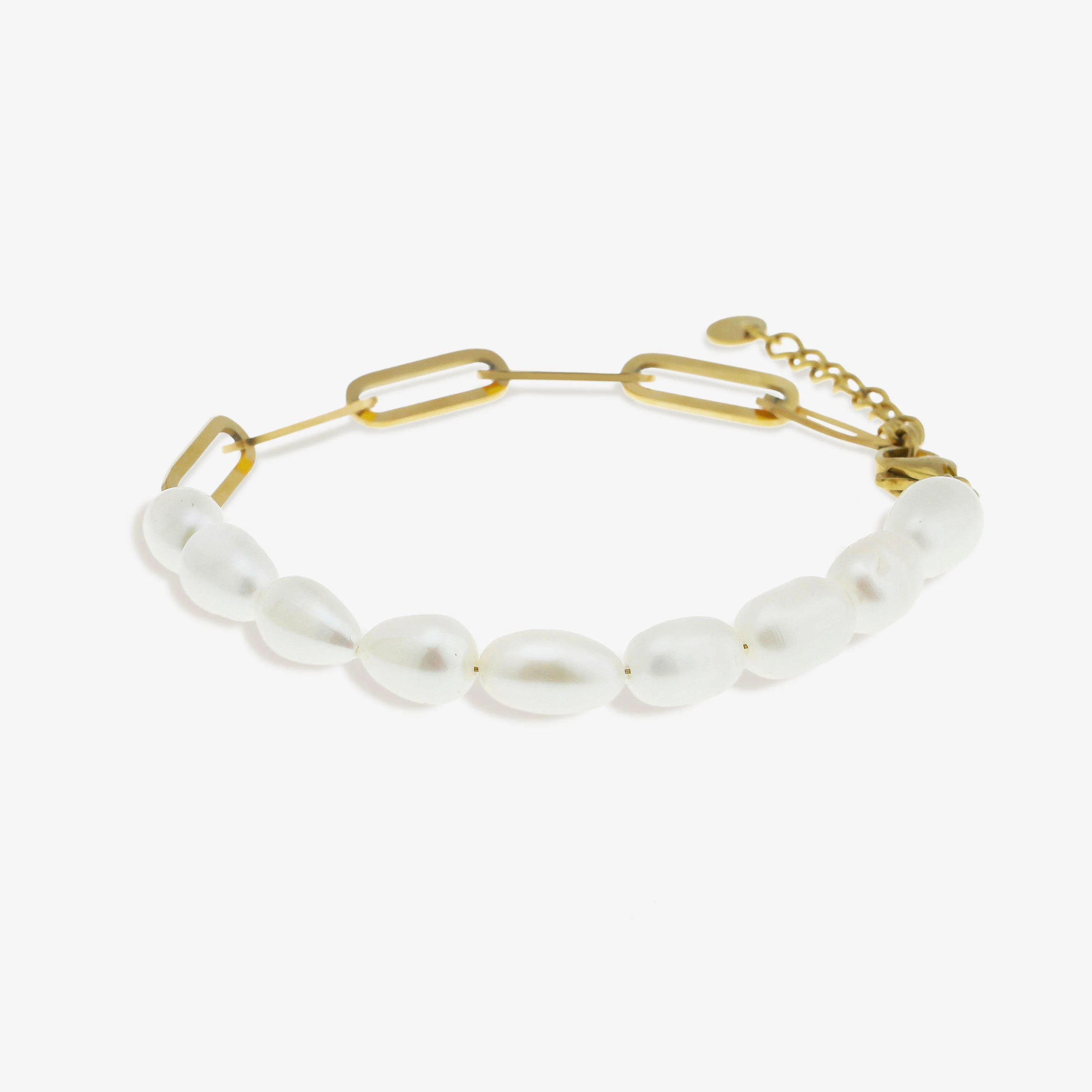 Gold Paperclip Chain Bracelet with Pearls | Victoria Emerson
