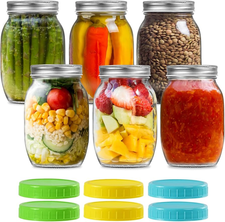 32 oz Wide Mouth Mason Jars with Metal Lids & Plastic Lids, Quart Size Clear Glass Jars for Prese... | Amazon (US)