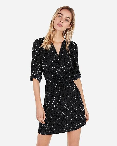 printed tie waist long sleeve shirt dress | Express