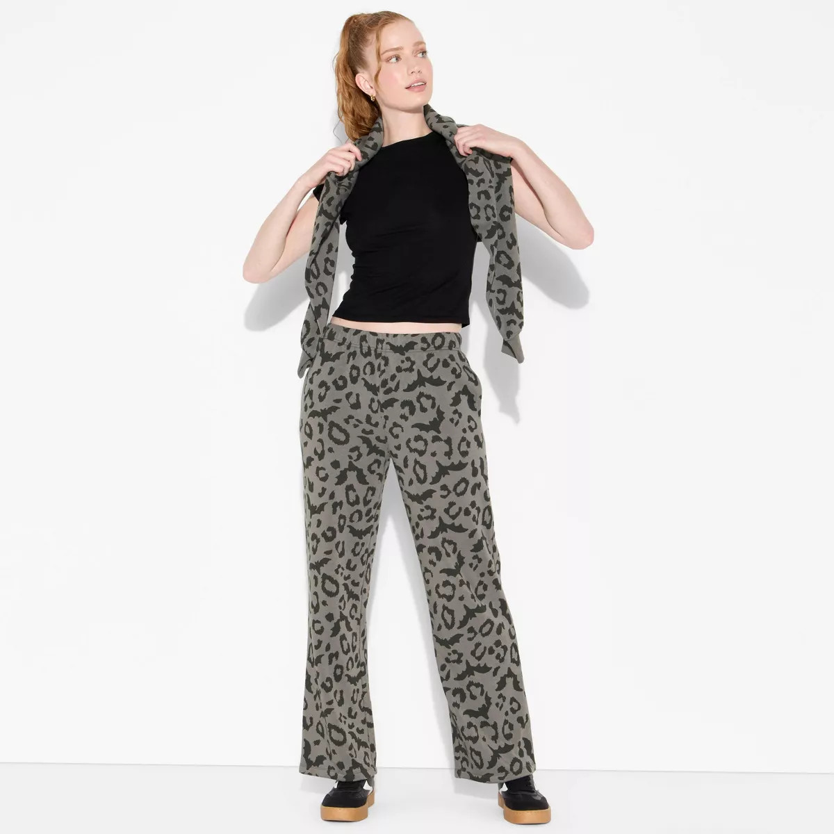 Women's Leopard Bats Barrel Leg Graphic Lounge Pants - Charcoal Gray | Target