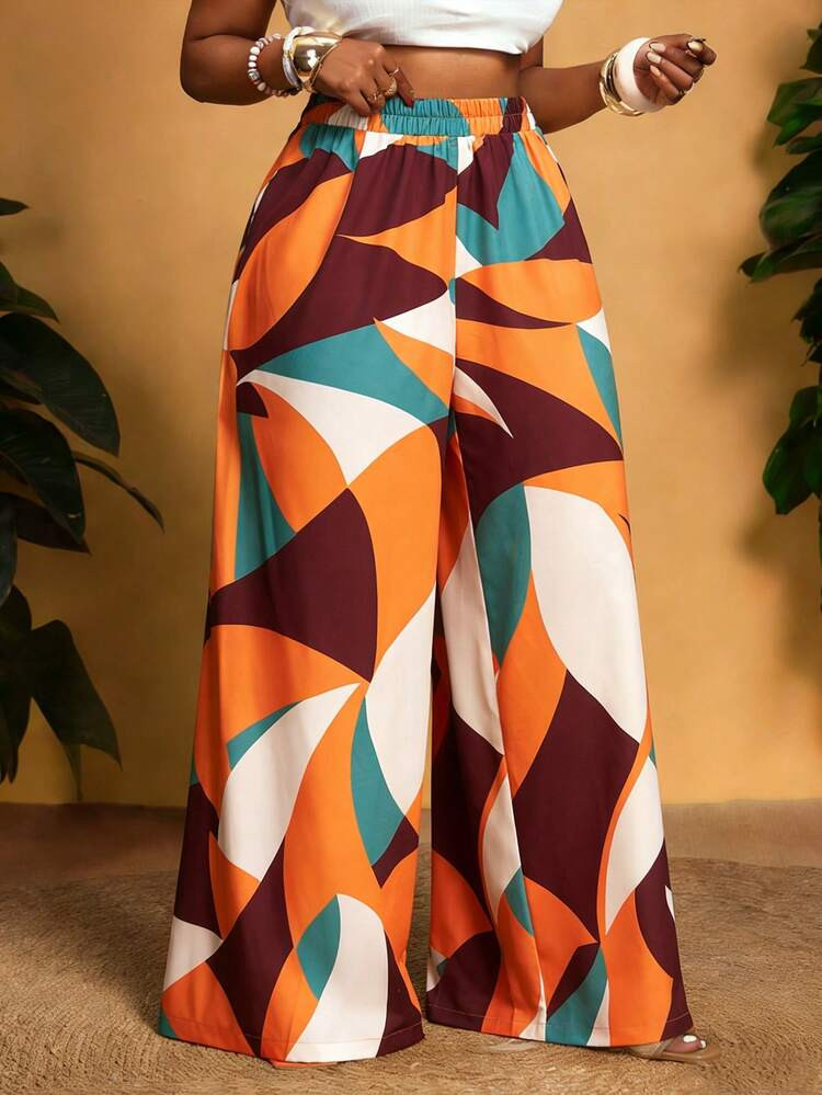 Slaydiva Women's Plus Size Loose Wide Leg Pants, Colorful Geometric Print, Woven Fabric, Suitable For Commuting, Casual, Vacation, Daily Wear, Party, Date, Music Festival, Dining, Beach, Cruise, Spring/Summer | SHEIN