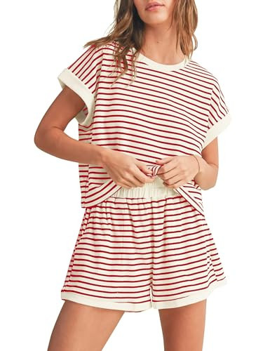 Cioatin Women 2 Piece Matching Lounge Sets Striped Short Sleeve Tee Shirt and Shorts Knit Pajama Set Tracksuit Summer Red | Amazon (US)