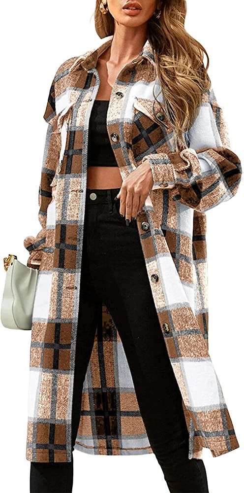 Womens Plaid Long Shacket Jacket Wool Blend Button Down Lapel Oversized Casual Fall Trench Coat | Amazon (US)