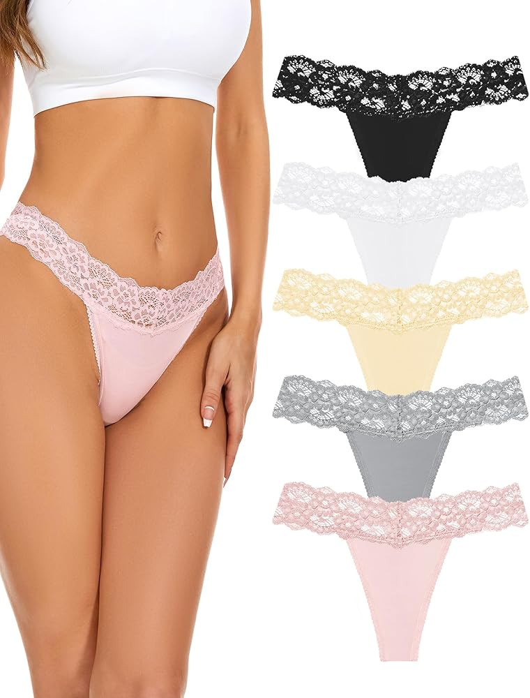 voenxe Seamless Thong for Women,No Show Lace Underwear,Ladies Cotton Blend Breathable Panties,Com... | Amazon (US)