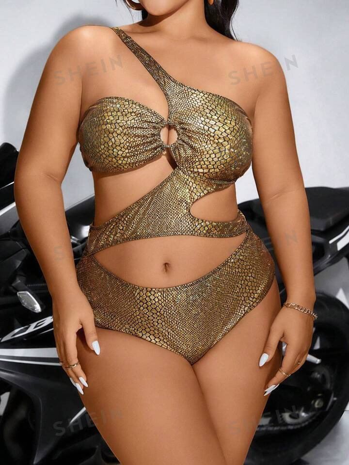 SHEIN Swim Event Plus Size One-Piece Swimsuit Gold,Summer Beach | SHEIN
