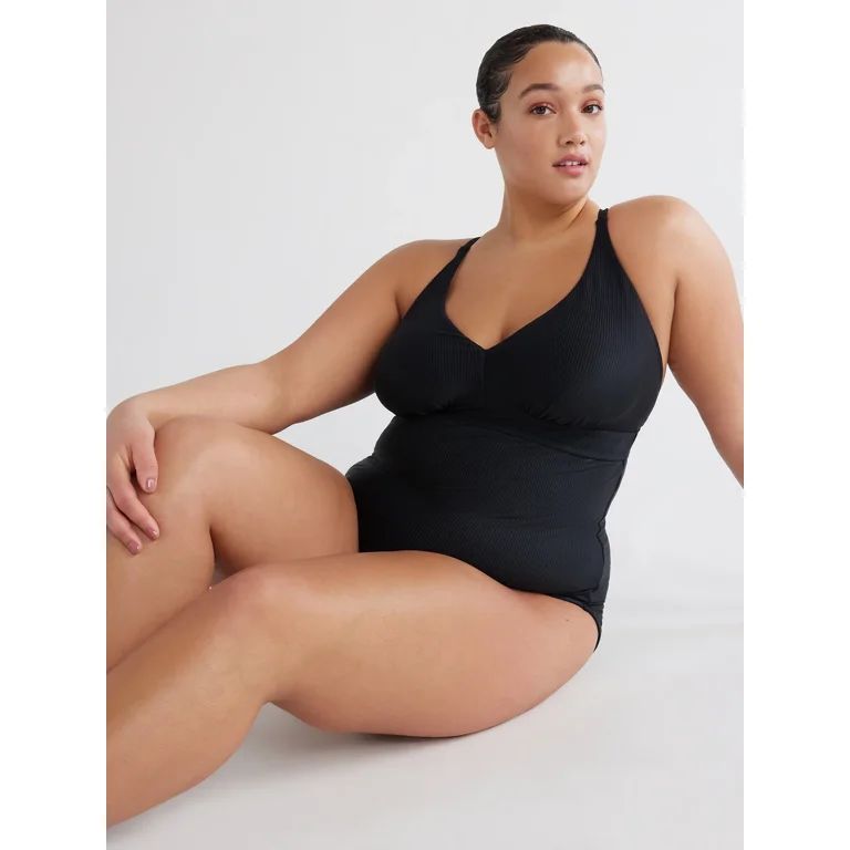 Time and Tru Women's and Women's Plus Plunge Tie Back One Piece Swimsuit, Sizes XS-3X | Walmart (US)