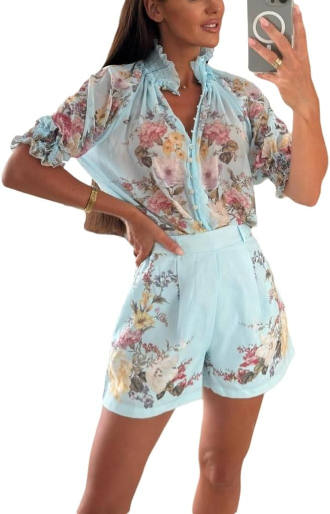 THLAI Women 2 Piece Floral Print Mesh Short Sleeve Shirt Top and Shorts with Pockets Summer Sexy ... | Amazon (US)