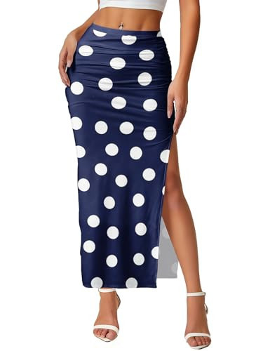 AirZeal Women's Maxi Skirt White Polka Dot Patterns Ruched Side Slit Thigh Elegant Bodycon Cosktail Party Pencil Skirts Small | Amazon (US)