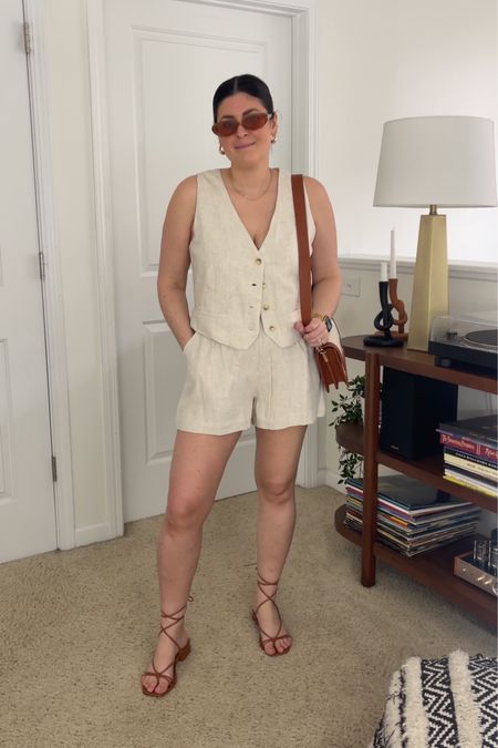 Linen shorts and vest matching set (medium) | brown sunglasses | raffia and brown crossbody | brown lace-up sandals | gold jewelry 

Spring outfit, matching set, linen outfit 

#LTKstyletip #LTKfindsunder100 #LTKmidsize