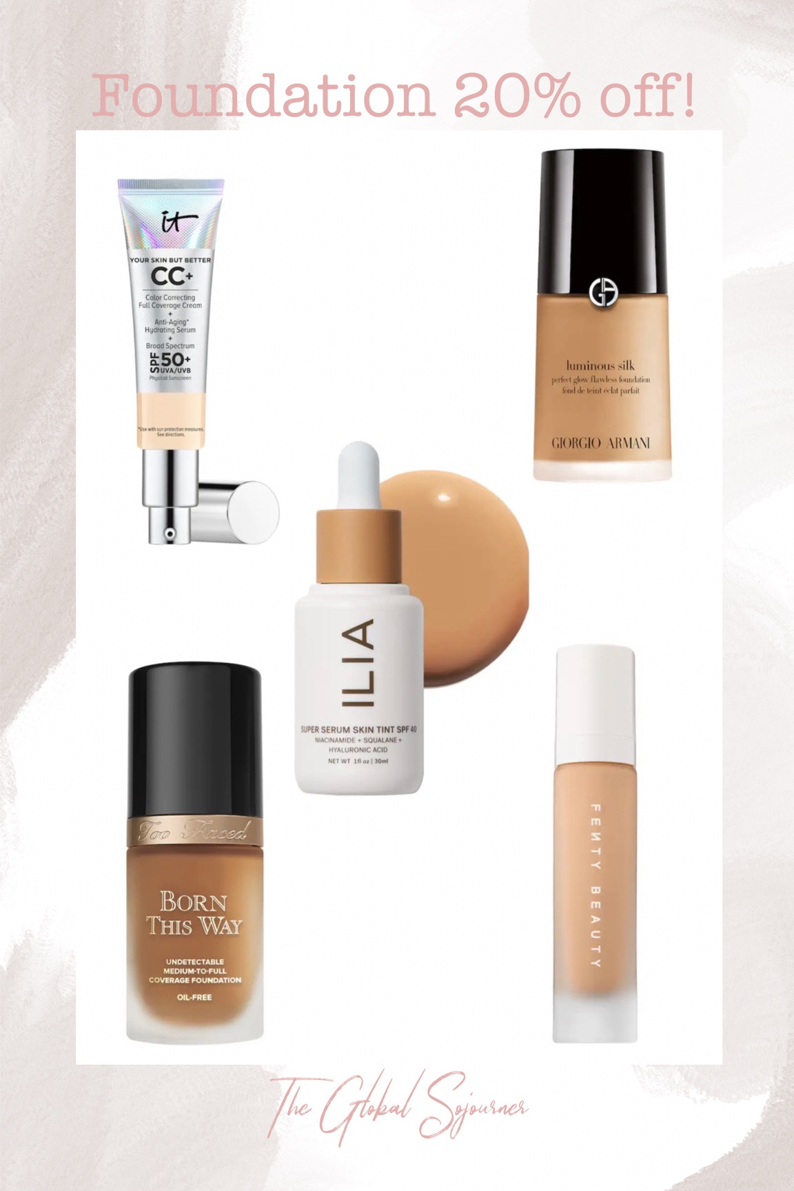Sephora has 20% off lots of foundations at the moment. 
I’ve linked some of my favorites.

Armani beauty luminous silk
IT Cosmetics CC cream 
Too Faced Born This Way
Fenty Beauty
ILIA skin tint
Kosas 
Estée Lauder double wear 

#LTKsalealert #LTKwedding #LTKbeauty