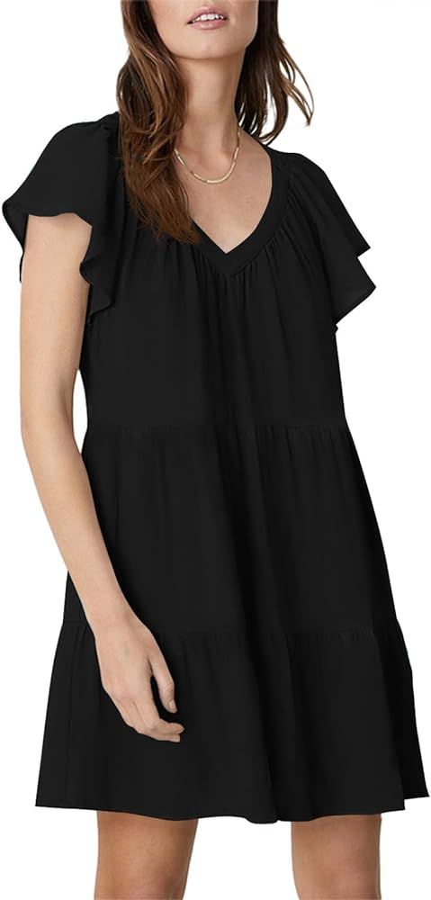 Fisoew V Neck Tunic Dress for Women Summer Flutter Cap Sleeve Flowy Dresses A Line Babydoll Tiere... | Amazon (US)