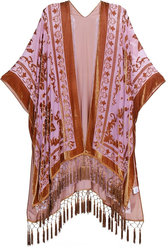 Women's Burnout Velvet Kimono Long Cardigan Cover Up With Tassel | Amazon (US)