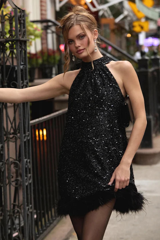 Magnetic Darling Shiny Black Sequin Feather Shift Mini Dress | Lulus