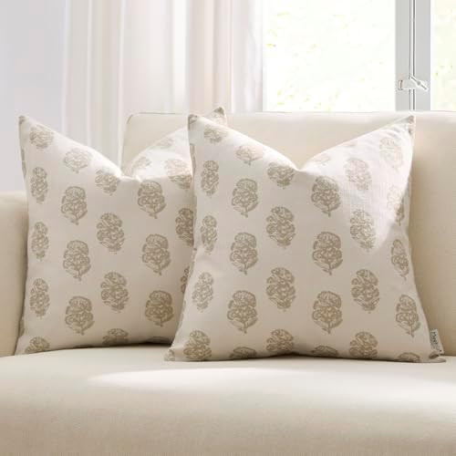Meekio Set of 2 Light Beige Patterned Pillow Covers 18x18, Farmhouse Block Print Decorative Throw... | Amazon (US)