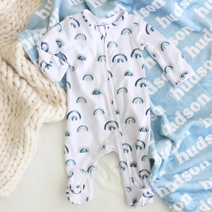Brooks' Blue Rainbows Zipper Footie | Caden Lane