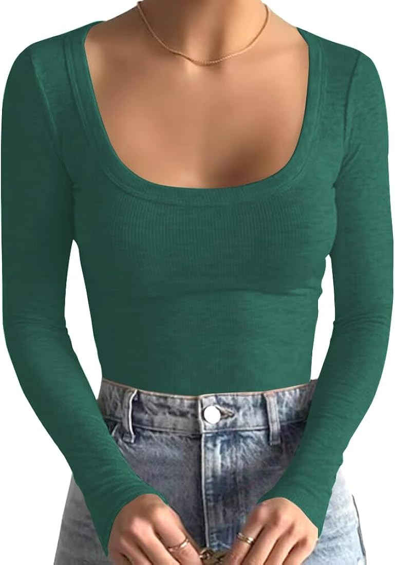 BINOVISOR Women's Casual Long Sleeve Square Neck Bodysuit Shirt Tops Sexy Ribbed Knit Basic Body ... | Amazon (US)