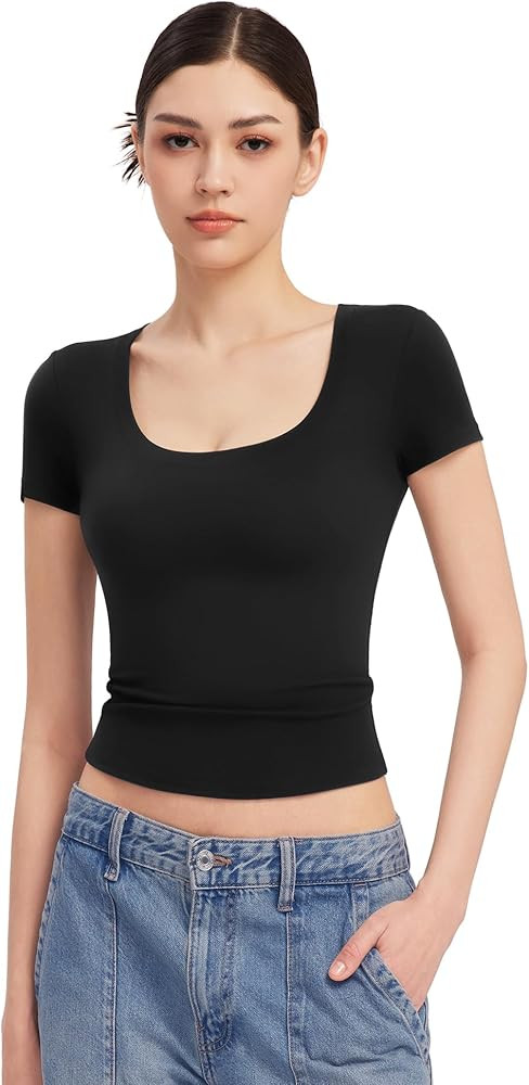 PUMIEY Women's T Shirts Short Sleeve Scoop Neck Basic Going Out Tops Fashion Slim Fit Tee Smoke C... | Amazon (US)