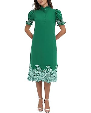 Womens Casual Shirt Dress Button Down Short Sleeve Midi Dress Flower Embroidery Slit Spring Summe... | Amazon (US)