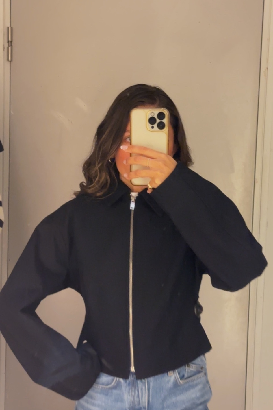 Waisted navy Fitted jacket, spring jacket, early spring jacket, lightweight jacket , casual jacket , spring coat , ootd ethos. Offered in an enduring navy hue, it's crafted from a subtly textured organic-cotton blend and shaped in a rounded silhouette that's accentuated by the waist-defining darts and structured sleeves. It's designed with a wide pointed collar and brushed silver-tone zip closure

#LTKeurope #LTKSeasonal #LTKstyletip