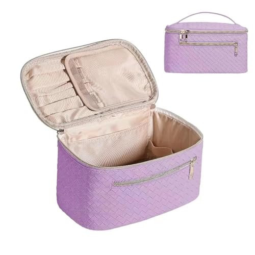 TUYSKE Makeup Bag Large Travel Cosmetic Bags for Storage Make Up Bags for Travelling Women Waterproof PU Leather Makeup Organizer Bags with Handle and Brush Holder Cosmetic Case-Purple | Amazon (US)