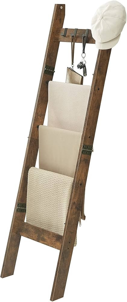 Blanket Ladder Shelf for Living Room, Decorative Wood Quilt Rack with 4 Removable Hooks, 5-Tier F... | Amazon (US)