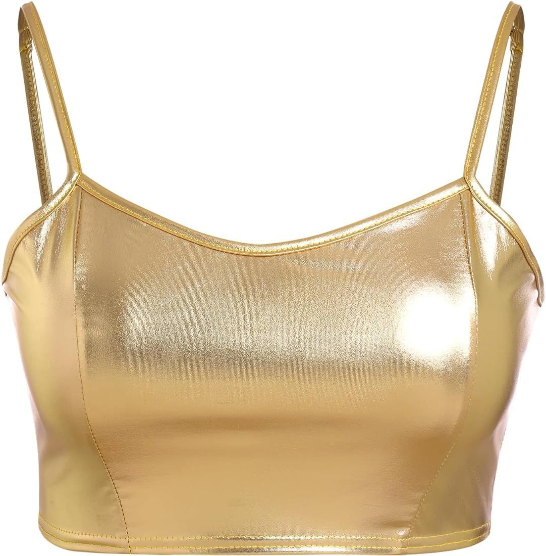 Womens Holographic Metallic Shiny Off Shoulder Crop Top Bustier Tube Top Blouse Rave Causal Strap... | Amazon (US)
