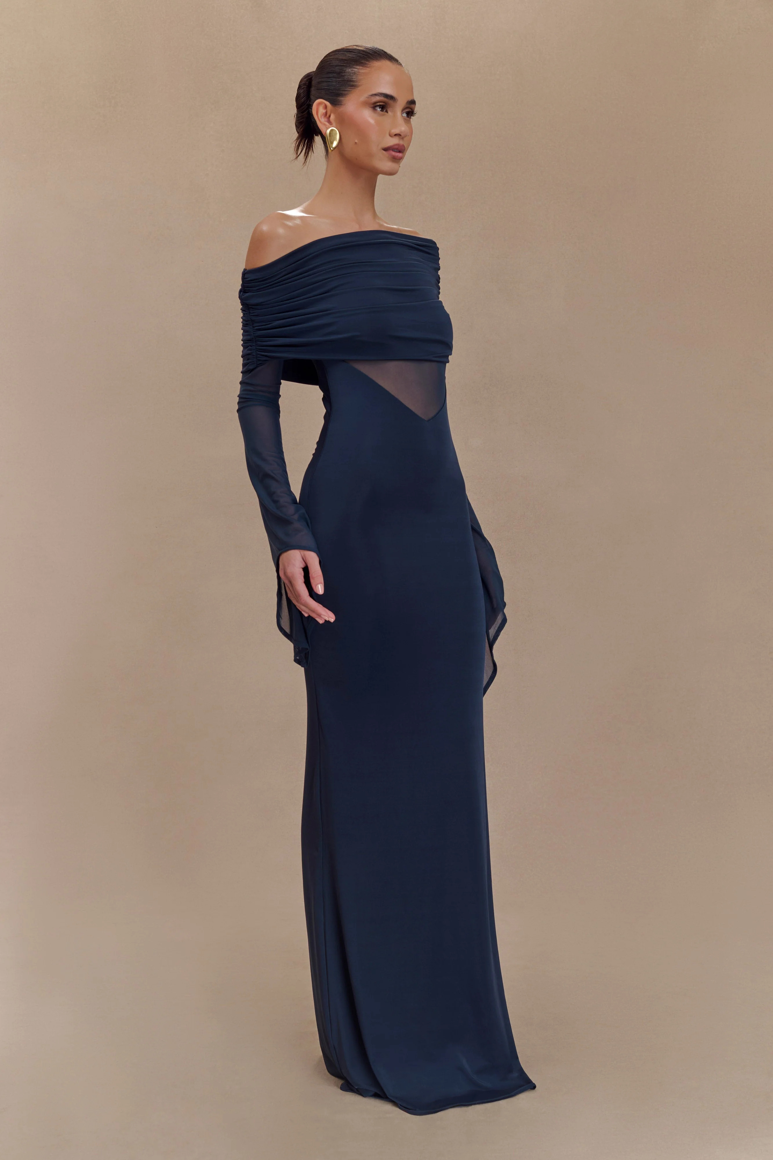 One Shoulder Slinky And Mesh Maxi Dress - Midnight Blue | MESHKI US