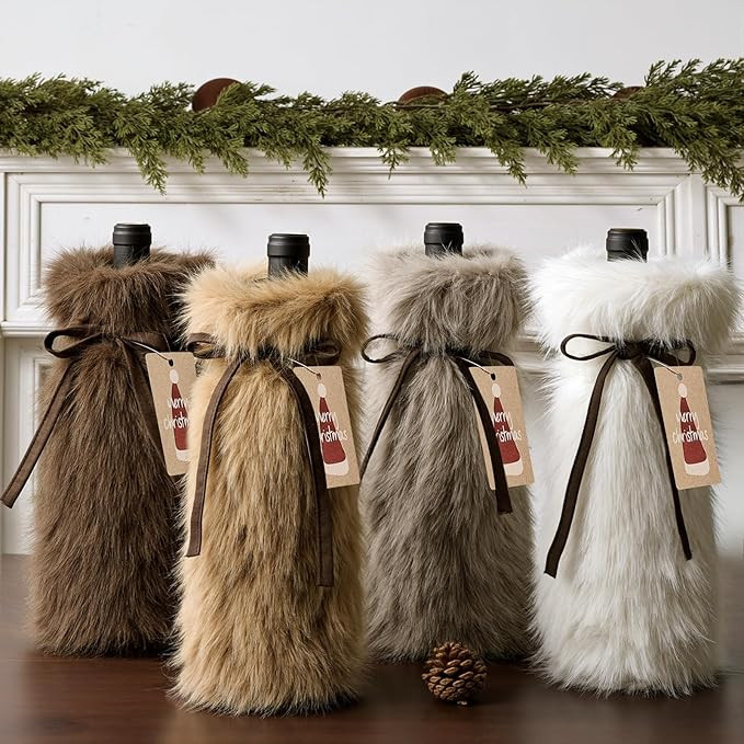 Christmas Wine Bottle Bags with Tags: Neutral Luxury Plush Fur Drawstring Gift Bags, Reusable Ear... | Amazon (US)