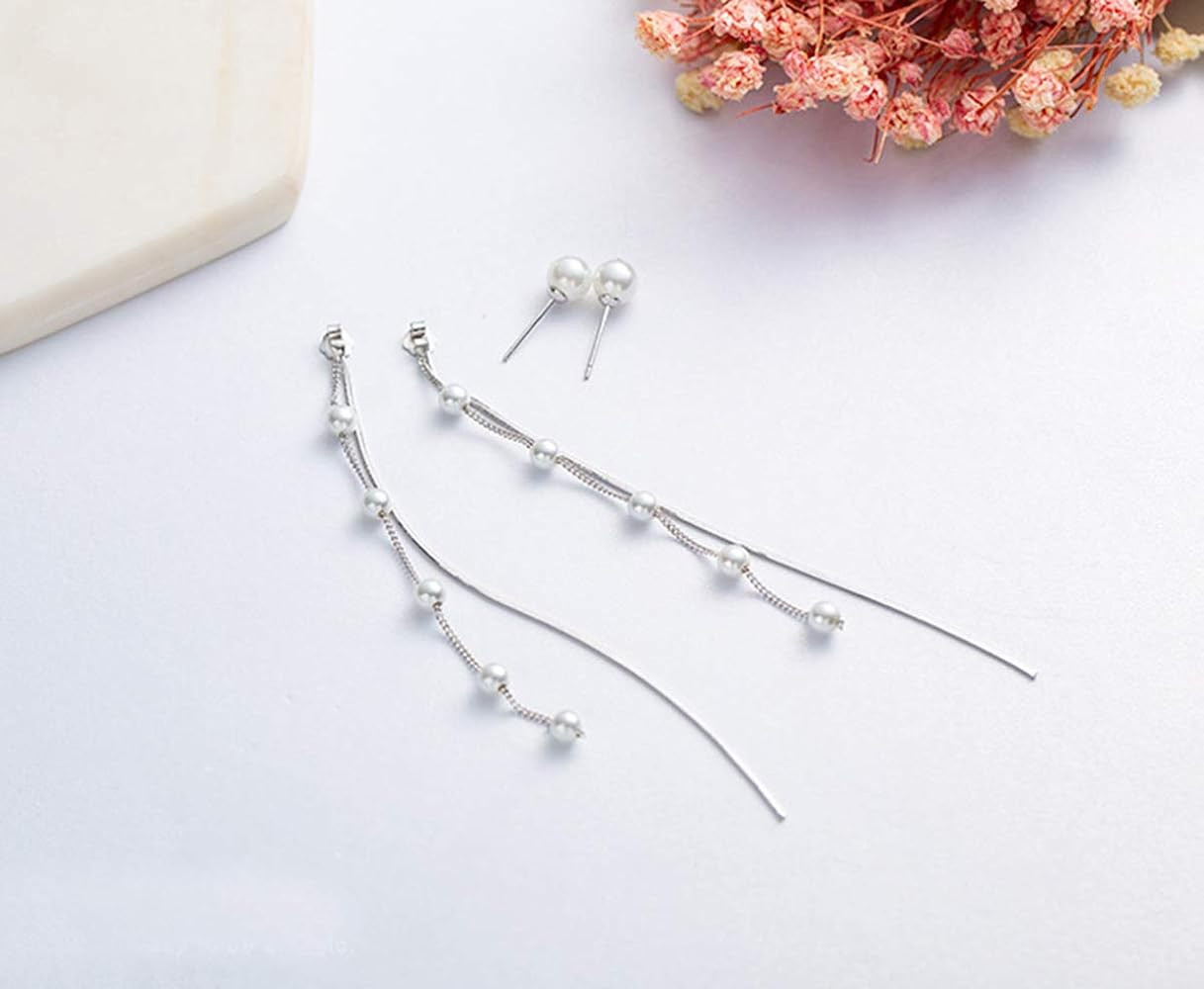 SLUYNZ 925 Sterling Silver Pearl Dangle Earrings Chain for Women Teen Girls Elegant Long Earrings Pe | Amazon (US)