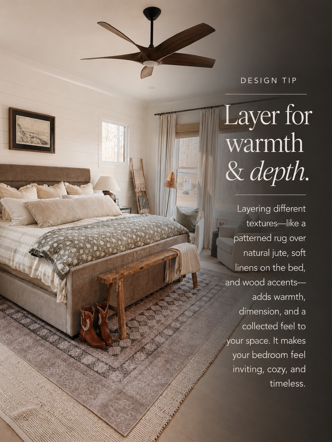 Layering is what gives a bedroom that warm, collected feel 🤎 A patterned rug over natural jute, soft layered linens, textured pillows, and rustic wood accents add depth and dimension while keeping the space cozy and timeless.

#porcheandco #BedroomDesign #BedroomInspo #LayeredTextures #HomeDecor

#LTKvlog #LTKHome