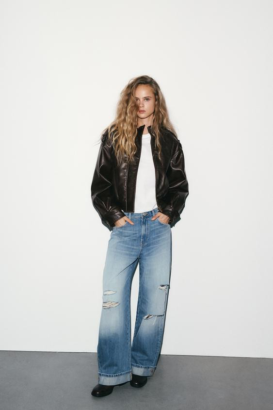 TRF RIPPED FOLDED BAGGY JEANS | Zara US