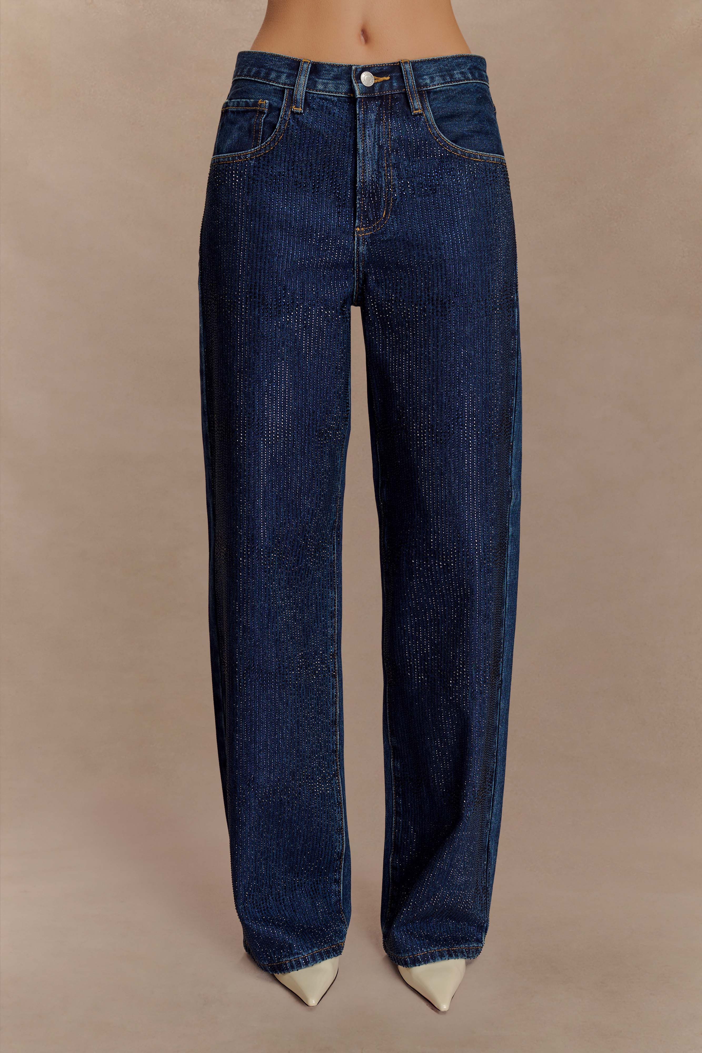 Laina Mid Rise Diamante Denim Jeans - Midnight Blue | MESHKI US