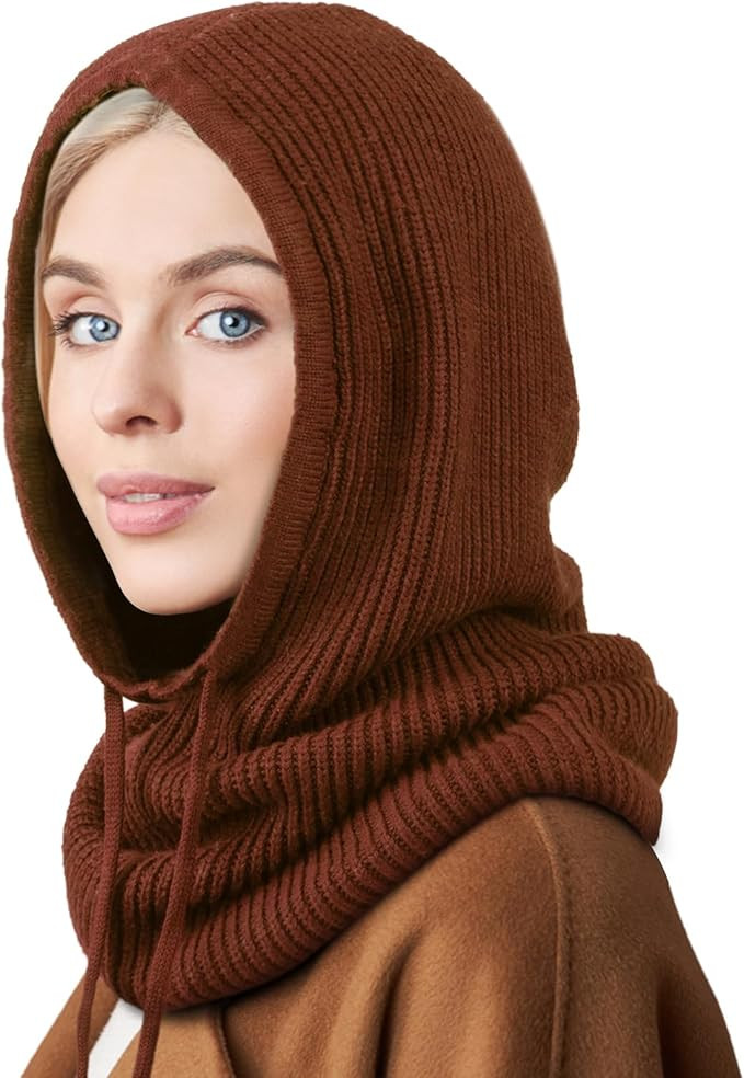 DRESHOW Winter Hats for Women Balaclava Knit Beanie with Adjustable Drawstring Warm Hooded Scarf ... | Amazon (US)