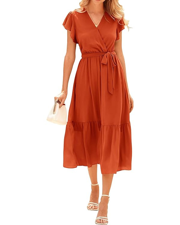 BTFBM Women Summer Bohemian Floral Casual Wrap V Neck Ruffle Cap Sleeveless Belt A-Line Pleated H... | Amazon (US)