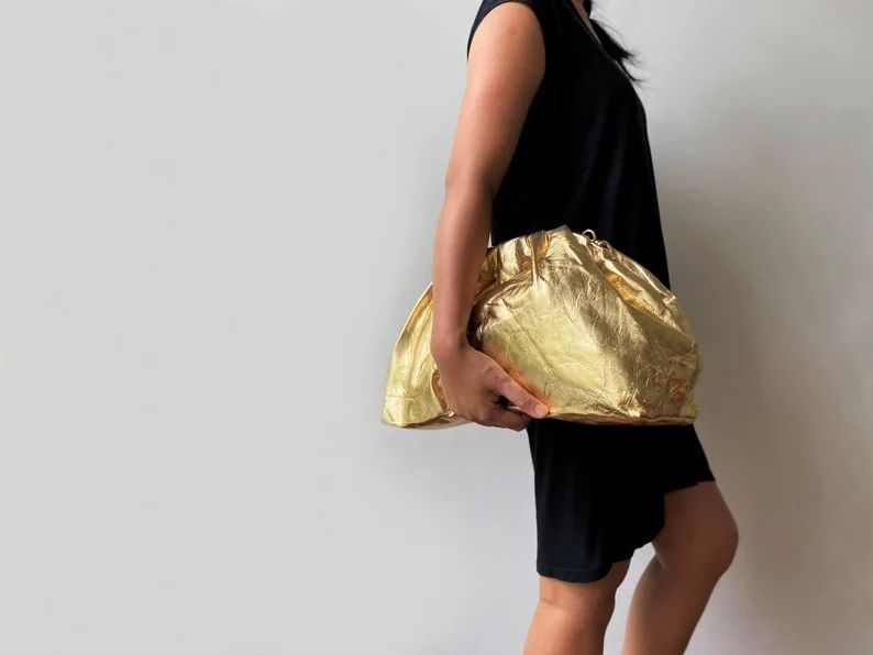 Gold oversized leather clutch, oversized dumpling bag, cloud leather clutch, leather dumpling pur... | Etsy (US)