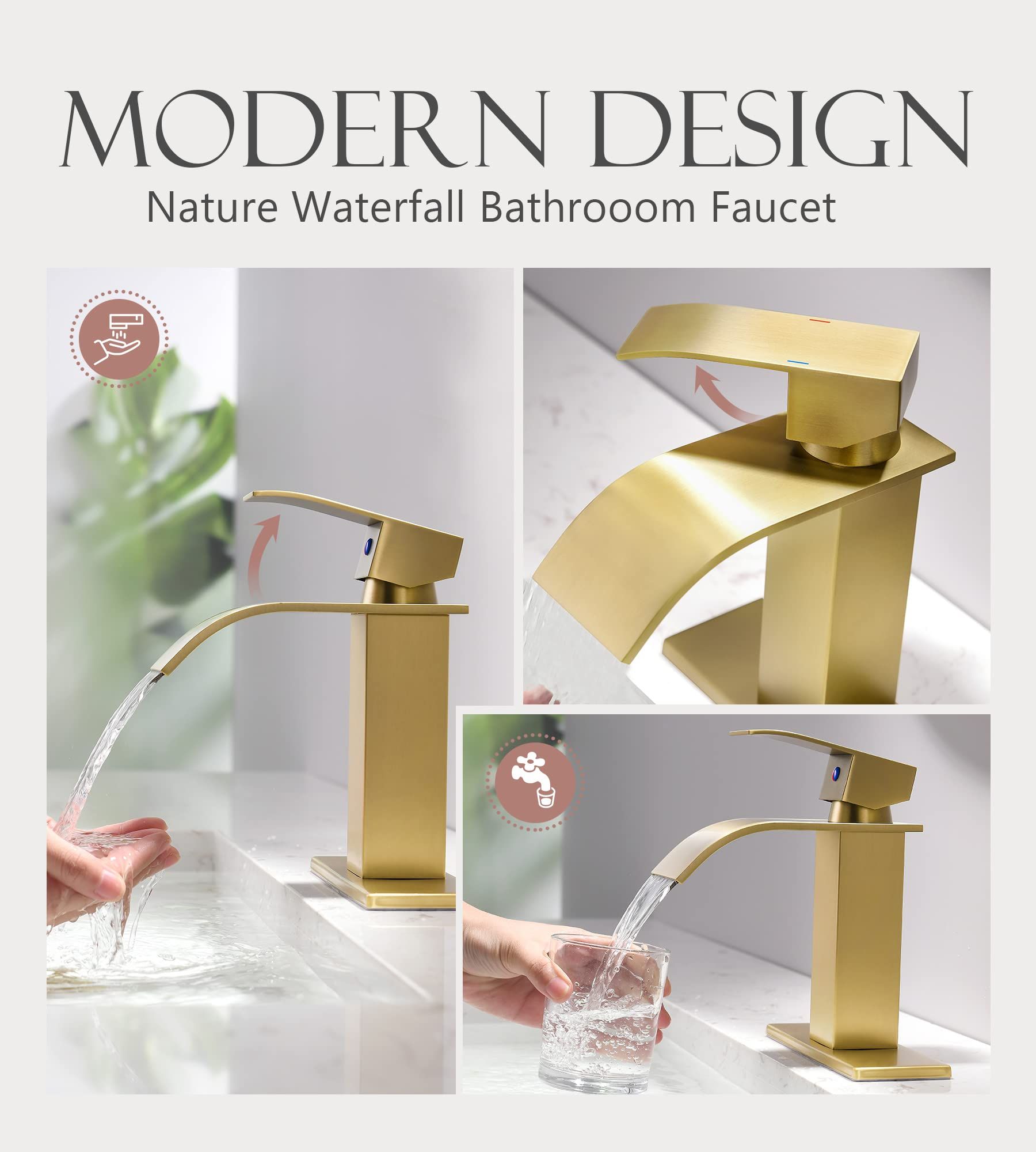 YardMonet Gold Bathroom Faucets, Modern Single Hole Bathroom Faucet Waterfall Spout Bathroom Fauc... | Amazon (US)