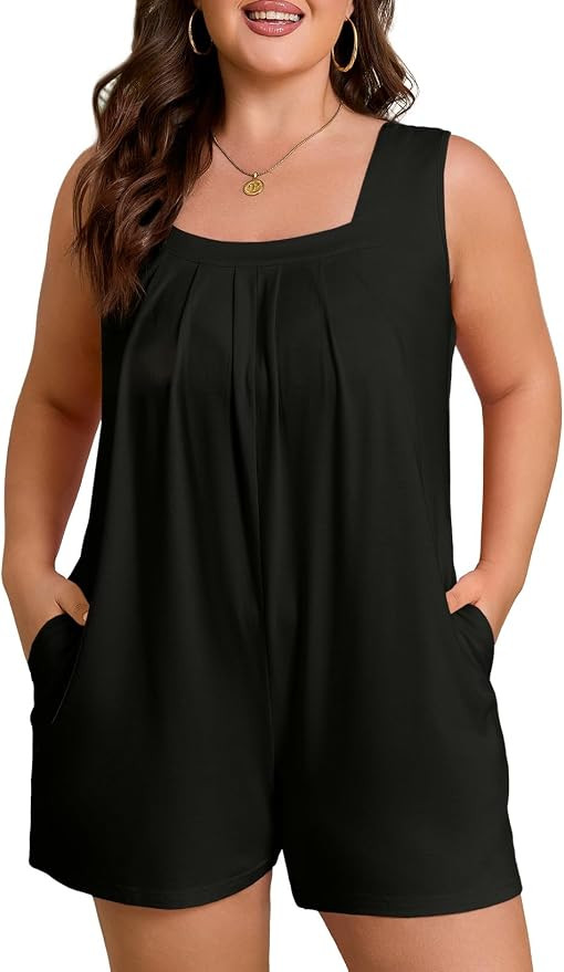 Eytino Women's Plus Size Jumpsuits Casual Sleeveless Short Overalls Pleated Front Rompers Summer ... | Amazon (US)